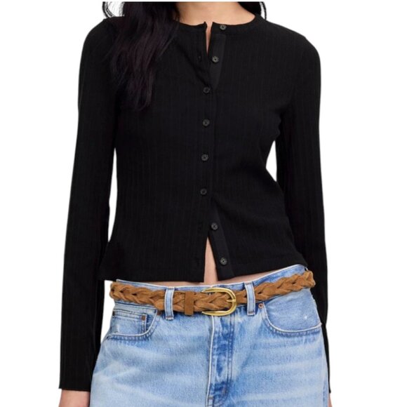 Madewell Black Ribbed Button-Front Long Flared Sleeve Cardigan Women’s Size M - Picture 1 of 10